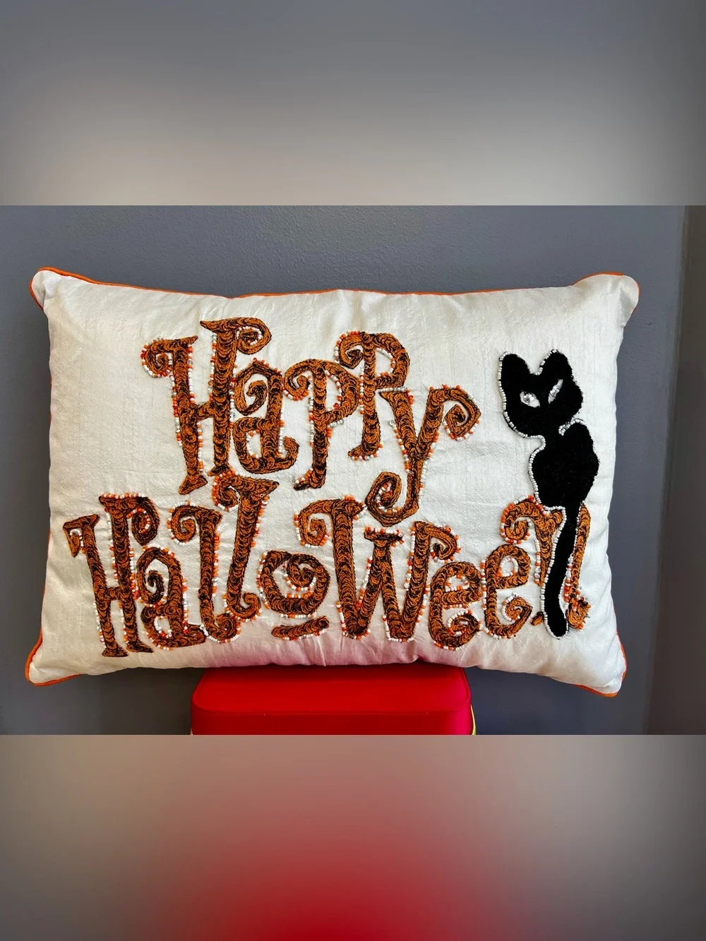 Happy Halloween Decorative Pillow - White with Orange and Black is NWT